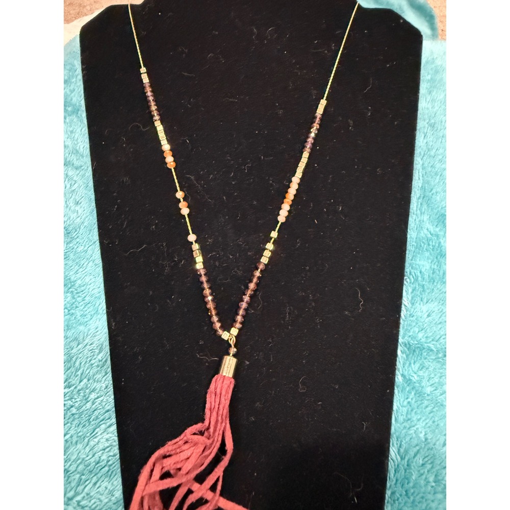 Boho Gold Tone Beaded Tassel Necklace Mauve Pink Fringe Pendant Glass Beads 44"